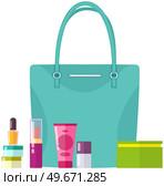 Cream, perfume, cosmetics and pomade. Contents of woman s handbag. Vanity table. Concept of beauty bloggers, fashion and glamour. Elegant ladies leather bag, female accessories for makeup and care. Cream, perfume, cosmetics and pomade. Contents of woman s handbag, accessories for makeup and care. Стоковая иллюстрация, агентство Ingram Publishing / Фотобанк Лори