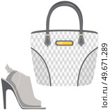 Fashion shoes and bag isolated on white. Stylish elements of womens wardrobe in casual style high heel shoes and handbag, footwear and pouch, female accessories fashionable trendy collection. Fashion shoes and bag isolated on white. Stylish elements of womens wardrobe in casual trendy style. Стоковая иллюстрация, агентство Ingram Publishing / Фотобанк Лори