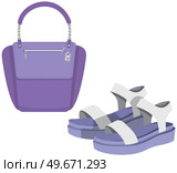 Fashion shoes and bag isolated on white. Stylish elements of womens wardrobe gumshoes in casual youth style boots and handbag, footwear and pouch, female accessories fashionable trendy collection. Fashion shoes and bag isolated on white. Stylish elements of womens wardrobe in casual youth style. Стоковая иллюстрация, агентство Ingram Publishing / Фотобанк Лори