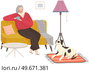 Adult woman sitting on couch at home drinking coffee resting after work, thinking about something. Female character stay in apartment sitting on sofa, drinking tea, enjoying free time, dreaming. Adult woman sitting on couch at home drinking coffee resting after work, thinking about something. Стоковая иллюстрация, агентство Ingram Publishing / Фотобанк Лори