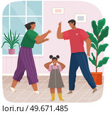 Problems and conflict in family, fight and arguing, quarreling over child in family. Cartoon angry parents swearing. Unhappy girl teenager. Dispute man and woman. Toxic relationships between people. Problems and conflict in family, fight and arguing, quarreling over child in family, unhappy girl. Стоковая иллюстрация, агентство Ingram Publishing / Фотобанк Лори