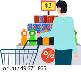 Person with shopping trolley chooses food at grocery store, supermarket. Shopping, customer in mall, retail shop concept. Cartoon character looking at fizzy drinks, lemonades in foodstuff store. Person looking at fizzy drinks, lemonades in foodstuff store. Shopping in supermarket concept. Стоковая иллюстрация, агентство Ingram Publishing / Фотобанк Лори
