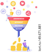 Business advertising technology, social media analysis concept. Sales funnel with stages of customer behavior. Change in interest of client. Man working with analysis of business market, marketing. Man works with analysis of business market, marketing. Business advertising technology, social media. Стоковая иллюстрация, агентство Ingram Publishing / Фотобанк Лори