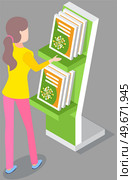 Woman looking at presentation stand with product catalogs. Advertising company, promotion, distribution concept. Female character choosing informative books, magazines. Lady near announcements on rack. Woman looking at presentation stand with product catalogs. Lady near announcements on rack. Стоковая иллюстрация, агентство Ingram Publishing / Фотобанк Лори