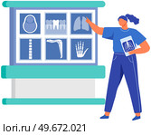 Radiologist, doctor profession person working on x-ray scanner diagnostics. Results of medical research of human bones on screen. Technology for dagnosis of musculoskeletal system diseases with x-ray. Radiologist, doctor working with technology for dagnosis of musculoskeletal system diseases, x-ray. Стоковая иллюстрация, агентство Ingram Publishing / Фотобанк Лори