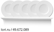 Round white plates on wooden shelf for utensil. Kitchen stuff for cooking and serving food, breakfast, lunch and dinner. Vector illustration in flat style, shelving concept on white background. Round white plates on wooden shelf for utensil. Kitchen stuff for cooking and serving food. Стоковая иллюстрация, агентство Ingram Publishing / Фотобанк Лори