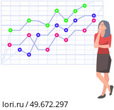 Woman studies statistics on presentation. Female character while working or studying with report. Girl working and analyzing financial statistics. Female marketer examines information about metrics. Woman studies statistics on presentation. Female character while working or studying with report. Стоковая иллюстрация, агентство Ingram Publishing / Фотобанк Лори