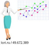 Woman studies statistics on presentation. Female character while working or studying with report. Girl working and analyzing financial statistics. Female marketer examines information about metrics. Woman studies statistics on presentation. Female character while working or studying with report. Стоковая иллюстрация, агентство Ingram Publishing / Фотобанк Лори