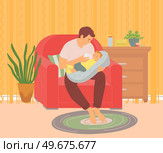 Father feeds baby with milk. Dad holds bottle of liquid and gives it to child. Nutrition and baby care process concept. Man holds kid in his arms and gives food. Parent takes care of little son. Father feeds baby with milk, takes care of kid. Dad holds bottle of liquid and gives it to child. Стоковая иллюстрация, агентство Ingram Publishing / Фотобанк Лори