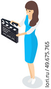 Girl holding movie clapper vector illustration. Filming starts, clap before new scene. Process of filming concept. Woman working with movie creation equipment. Clapperboard or film numbering element. Girl holding movie clapper. Filming starts, clap before new scene, process of film creation. Стоковая иллюстрация, агентство Ingram Publishing / Фотобанк Лори