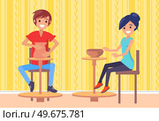 Man and woman masters making clay pots at workshop. Craft hobby or profession, work with material, pottery concept. Potters work in studio and create ceramic products. People making art from clay. Man and woman masters making pottery at workshop. Potters work in studio and create clay products. Стоковая иллюстрация, агентство Ingram Publishing / Фотобанк Лори