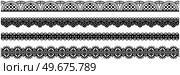 Set of wide lace ribbons with print. Black design elements isolated on white background. Seamless pattern for creating style of card with ornaments. Lace decoration template, ribbons for design. Seamless pattern for creating cards style. Lace decoration template, ribbon with ornament for design. Стоковая иллюстрация, агентство Ingram Publishing / Фотобанк Лори