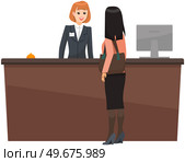 Young woman receptionist stands at reception desk. Travel, hospitality, booking concept. Hotel employee greets lady visitor. Staff services guest at reception. Girl checking into hotel room. Young woman receptionist stands at reception desk. Girl booking, checking into hotel room. Стоковая иллюстрация, агентство Ingram Publishing / Фотобанк Лори