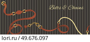 Poster with man and woman leather or lethern belt. Clasp and chain, tassel and metallic ring straps, metal buckle or cuff for male and female clothing trendy accessories. Fashion and uniform, cloth. Poster with belts and chains with metallic rings or lethern trendy lady fashion accessories. Стоковая иллюстрация, агентство Ingram Publishing / Фотобанк Лори