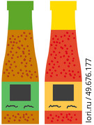 Sauce with tomatoes boiled with spices, ketchup. Plastic container, bottle with sauce closed with lid. Ingredient used for flavoring, coloring or preserving food. Spicy and mild liquid, ketchup. Sauce with tomatoes boiled with spices, ketchup. Plastic container, bottle with tomato liquid. Стоковая иллюстрация, агентство Ingram Publishing / Фотобанк Лори