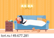 Person having cold and lying in bed. Man being treated with pills and medicines. Guy with high fever has treament at home. Influenza, colds, fever, illness concept. Gog lies near sick owner. Sick man being treated with pills and medicines. Guy with fever, illness has treament at home. Стоковая иллюстрация, агентство Ingram Publishing / Фотобанк Лори