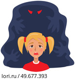 Fear of darkness concept. Upset girl scared of spooky monster from nightmare. Child is afraid of ghost. Crying female character next to monster, ghost in dark. Nightmare, fear of dark, phobia. Upset girl scared of spooky nightmare. Child afraid of ghost. Crying lady next to monster. Стоковая иллюстрация, агентство Ingram Publishing / Фотобанк Лори