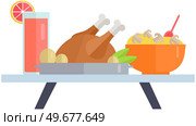 Harmful and healthy food, products vector illustration. Fat unhealthy meals and glass of soda on table. Full sized baked chicken, salad and lemonade drink. Proper nutrition, diet and cheat meal. Full sized baked chicken, salad and lemonade drink. Proper nutrition and cheat meal food on table. Стоковая иллюстрация, агентство Ingram Publishing / Фотобанк Лори
