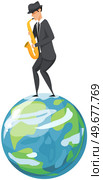 Jazz musician saxophone player with sax stands on white background. Vector man in suit playing musical instrument. Saxophonist playing on blowing musical instrument jazzman, brass orchestra concert. Jazz musician saxophone player with sax in costume. Vector man in suit playing musical instrument. Стоковая иллюстрация, агентство Ingram Publishing / Фотобанк Лори