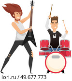 Rock musician playing on electrical guitar cartoon character standing on stage near music speaker with subwoofer. Brutal bearded man musician with rocker instrument greets audience at concert. Rock musician playing on electrical guitar cartoon character standing on stage near music speaker. Стоковая иллюстрация, агентство Ingram Publishing / Фотобанк Лори