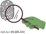 Black and white finger print with search loupe. Office stationery in human hand. Magnifying glass or lens to look at investigation evidence. Person with loupe looking at fingerprint, evidence. Magnifying glass or lens to look at investigation evidence. Person with loupe looking at fingerprint. Стоковая иллюстрация, агентство Ingram Publishing / Фотобанк Лори