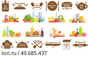 Set of hand writings about kitchen and cooking. Best time, home baking, restaurant fresh dish, cooking class, lets cook. Hand drawn letterings in simple style near icons of food and drinks. Set of hand writings about kitchen and cooking. Culinary letterings near icons of food and drinks. Стоковая иллюстрация, агентство Ingram Publishing / Фотобанк Лори
