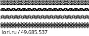 Set of wide lace ribbons with print. Black design elements isolated on white background. Seamless pattern for creating style of card with ornaments. Lace decoration template, ribbons for design. Seamless pattern for creating cards style. Lace decoration template, ribbon with ornament for design. Стоковая иллюстрация, агентство Ingram Publishing / Фотобанк Лори