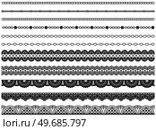 Set of wide lace ribbons with print. Black design elements isolated on white background. Seamless pattern for creating style of card with ornaments. Lace decoration template, ribbons for design. Seamless pattern for creating cards style. Lace decoration template, ribbon with ornament for design. Стоковая иллюстрация, агентство Ingram Publishing / Фотобанк Лори