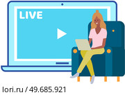 Remote broadcast program for electronic devices. Application for watching video via Internet. Website for blogging, streaming online. Video recording live broadcast, stream, vlog for gadgets. Broadcast program for electronic devices. Application for watching and recording video via Internet. Стоковая иллюстрация, агентство Ingram Publishing / Фотобанк Лори