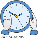 Person holding hand of clock to delay time. Character wants to deal with deadline. Watch as symbol of time management. Watches with seconds and minutes in hands. Clock with arrows vector illustration. Person holding hand of clock to delay time. Character with watch wants to deal with deadline. Стоковая иллюстрация, агентство Ingram Publishing / Фотобанк Лори