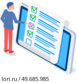 Online form survey paper on tablet screen. Man checks blank with answers. Manager looks at quiz exam paper document. Businessman is checking correctness of questionnaire form, test results, tasks. Online form survey paper on tablet screen. Man checks blank with answers,test results, tasks. Стоковая иллюстрация, агентство Ingram Publishing / Фотобанк Лори