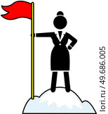 Success banner web icon, woman with flag standing on top of mountain, striving for goal, planning, target. Strategy, doing, teamwork, consistency for success, personal achievements on way to victory. Success banner web icon, woman with flag standing on top of mountain, striving for goal, planning. Стоковая иллюстрация, агентство Ingram Publishing / Фотобанк Лори