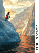 A penguin is standing on a snow covered mountain. Стоковое AI-изображение, AI-художник Ярославский Максим / Фотобанк Лори