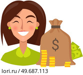 Happy businesswoman with cash, money, banknotes. Lady near currency bag of gold coins. Positive woman with emotion of happiness, joy. Female character rejoice in finance and business success. Female character rejoice in finance and business success. Happy woman with cash, money in bag. Стоковая иллюстрация, агентство Ingram Publishing / Фотобанк Лори