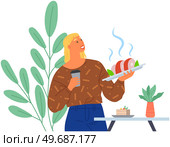 Woman orders food in restaurant. Girl holding dish, plate with meat steak in cafe. Lady eats and spends time in food establishment. Female customer with order in cafeteria vector illustration. Lady eats and spends time in food establishment. Woman orders dish in restaurant or cafeteria. Стоковая иллюстрация, агентство Ingram Publishing / Фотобанк Лори