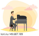 Pianist character in concert costume playing musical composition on grand piano for symphonic orchestra or opera performance on stage. Talented artist member of musical group plays keyboard instrument. Pianist character musician in concert costume playing musical composition on grand piano on stage. Стоковая иллюстрация, агентство Ingram Publishing / Фотобанк Лори
