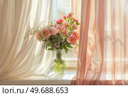 Soft Pastel Floral Bouquet on Vintage Windowsill with Sunlit Drapes. Стоковое AI-изображение, AI-художник Александра Конопля / Фотобанк Лори