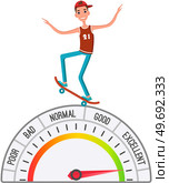 Teen boy in baseball cap riding on skateboard. Kid accelerating doing leg pushing. Young hipster skateboarder rides on top of speedometer symbol isolated on white background, doing jumping trick. Teen boy in baseball cap riding on skateboard. Kid accelerating doing leg pushing, jumping trick. Стоковая иллюстрация, агентство Ingram Publishing / Фотобанк Лори