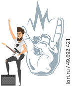 Rock musician playing on electrical guitar cartoon character standing on stage near music speaker with subwoofer. Brutal bearded man musician with rocker instrument greets audience at concert. Rock musician playing on electrical guitar cartoon character standing on stage near music speaker. Стоковая иллюстрация, агентство Ingram Publishing / Фотобанк Лори