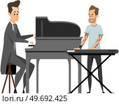 Pianist character in concert costume playing musical composition on grand piano for symphonic orchestra or opera performance on stage. Talented artist member of musical group plays keyboard instrument. Pianist character musician in concert costume playing musical composition on grand piano on stage. Стоковая иллюстрация, агентство Ingram Publishing / Фотобанк Лори