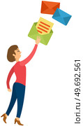 Woman sending letter. Internet marketing, sending newsletter, subscription. Concept of an e-mail message, new incoming sms, mail notification sending. Woman hold mail. Chatting, correspondence service. Woman sending letter. Internet marketing, newsletter, subscription. Concept of an e-mail message. Стоковая иллюстрация, агентство Ingram Publishing / Фотобанк Лори