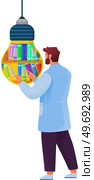Young male doctor or student taking book from shelf in office or library isolated on white. Scientist choose scientific literature learns new knowledge, receives information for medical research. Young male doctor or student taking book from shelf in office or library isolated on white. Стоковая иллюстрация, агентство Ingram Publishing / Фотобанк Лори
