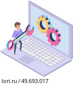 Software setup, technical support, computer service. Gear, engineer with wrench on screen. Program for working with software or maintenance of electronic equipment. Installation of technology settings. Software setup, technical support, computer service concept. Gear, engineer with wrench on screen. Стоковая иллюстрация, агентство Ingram Publishing / Фотобанк Лори