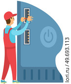 Electronic engineer working with powerbank. Power bank with USB connector. Colorful portable charger device, data and information storage technology. External battery for charging with modern design. Engineer working with powerbank. Portable charger device, data and information storage technology. Стоковая иллюстрация, агентство Ingram Publishing / Фотобанк Лори