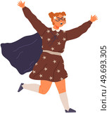 Cute young lady dressed in costume of superhero. Cosplay female child at costume party. Creative girl in self made outfit with cloak vector illustration. Kid in hero suit pretending having power. Young lady dressed in costume of superhero. Creative girl in self made outfit of hero with cloak. Стоковая иллюстрация, агентство Ingram Publishing / Фотобанк Лори