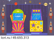 Game of 80s-90s in cosmic style. Arcade machines for entertainment. Retro arcade machines with games about space. Play area with rockets and planets in galaxy design. Vintage technoogy for gaming. Play area of 80s-90s with in cosmic style. Retro arcade gaming machines with games about space. Стоковая иллюстрация, агентство Ingram Publishing / Фотобанк Лори