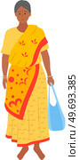 Elderly cartoon style Indian woman in traditional clothes holds bag in hand isolated on white background. Female character dressed in costume sari stands at full height. Fashion lady, asian person. Elderly cartoon style Indian woman in traditional clothes. Female character dressed in costume sari. Стоковая иллюстрация, агентство Ingram Publishing / Фотобанк Лори