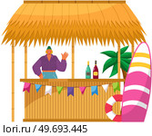 Tropical beach bar. Beachfront surf resort concept design with young female bartender cocktail bar, surf boards and palm treesktail bar, surf boards and palm trees. Summer vacation, woman barkeeper. Tropical summer beach bar with young female bartender, cocktail bar, surf boards and palm trees. Стоковая иллюстрация, агентство Ingram Publishing / Фотобанк Лори