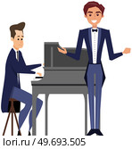 Academic concert musicians man at piano and singer in tuxedo perform on stage isolated on white. Pianist playing piano with passion, tenor sings an opera for audience, classical orchestra members. Academic concert musicians man at piano and singer in tuxedo perform on stage isolated on white. Стоковая иллюстрация, агентство Ingram Publishing / Фотобанк Лори
