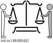 Scales and persons touching bowls with hands from different sides. Arguments, selection process, evidence and tricks in trial. Concept of judging, trial and justice. Measurement balance of causes icon. Scales and persons touching bowls with hands from different sides. Arguments, selection process. Стоковая иллюстрация, агентство Ingram Publishing / Фотобанк Лори